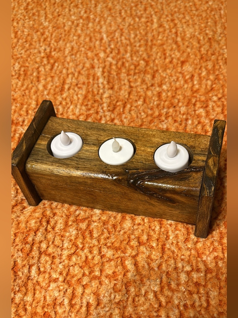 Handcrafted Rustic Wooden 3-Tealight Candle Trough Holder (8" x 4" x 3")